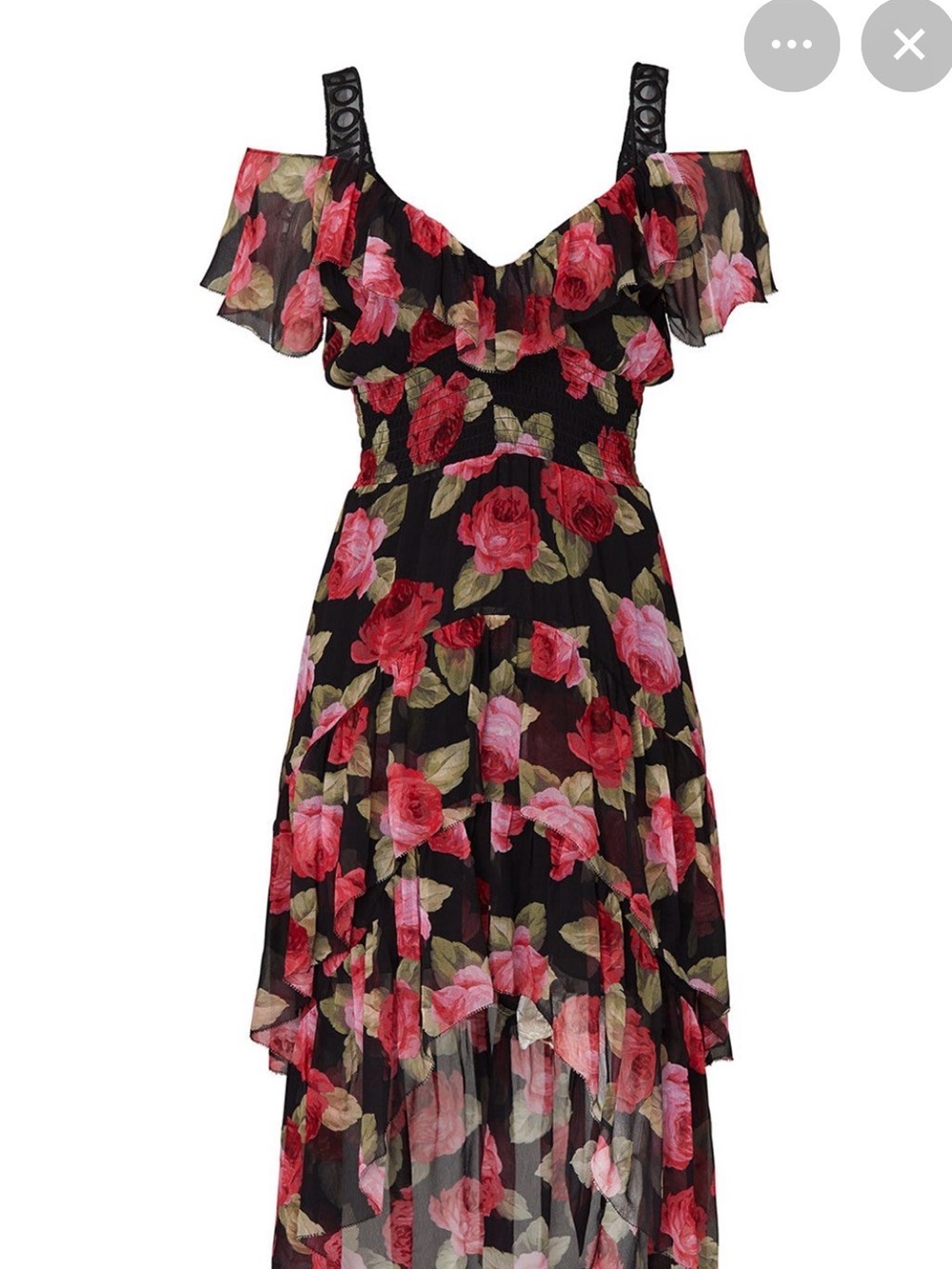 The Kooples Black High-Low Floral Cold-Shoulder Maxi Dress